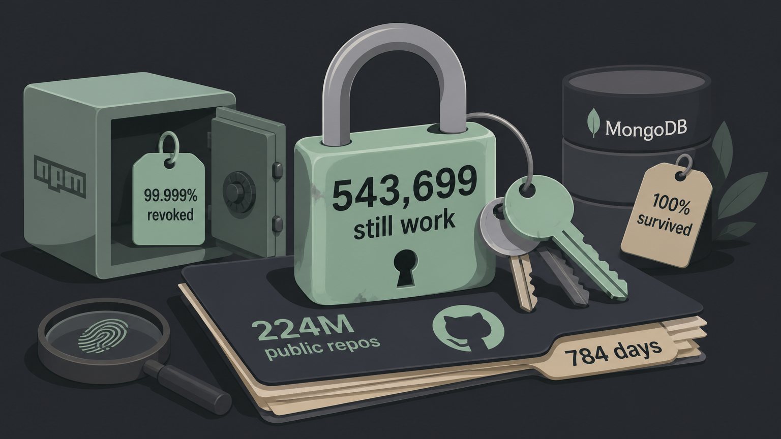 543,699 leaked GitHub credentials still work, and the median one sat public for 784 days