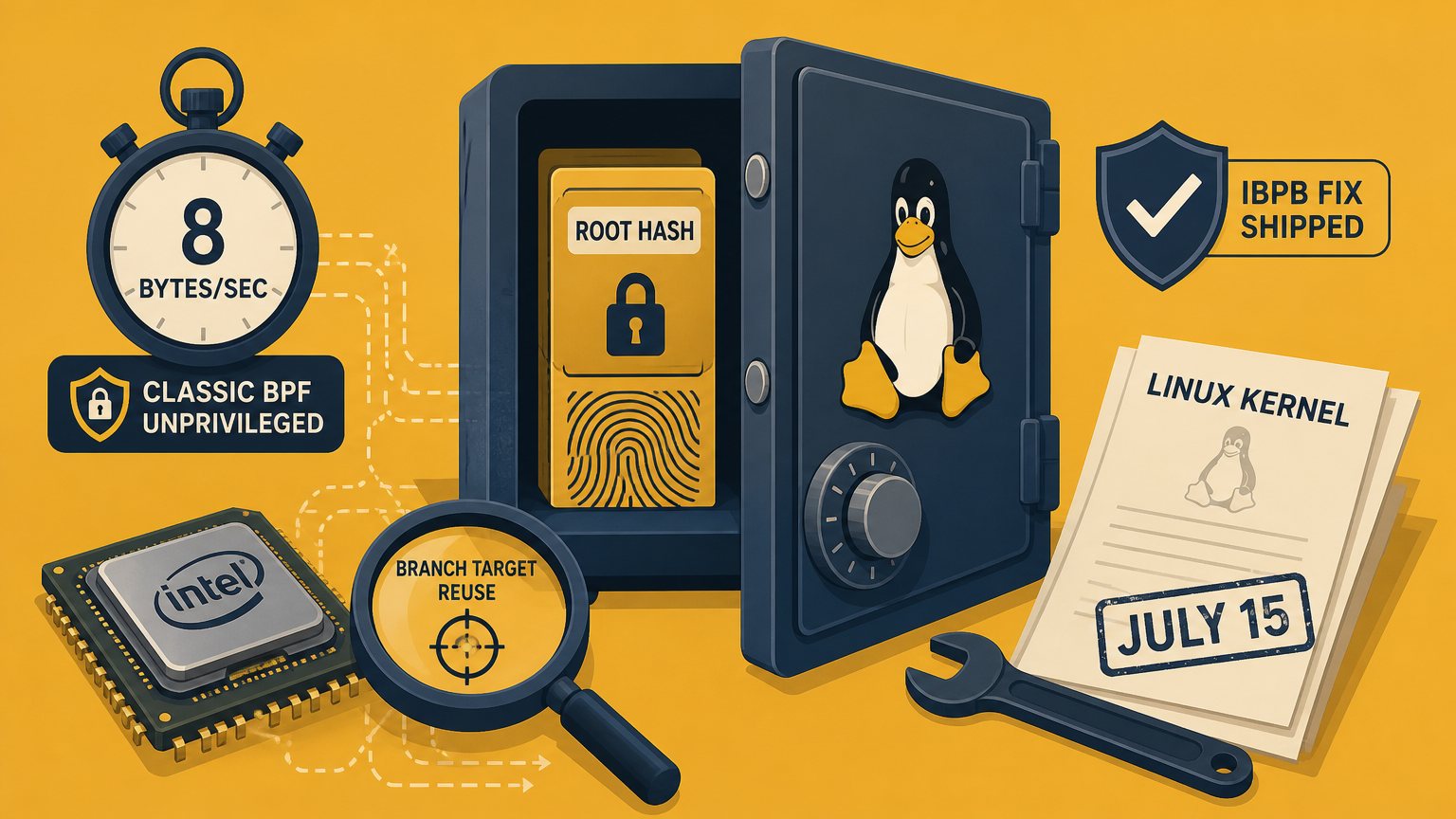 Branch Target Reuse leaks Linux root hashes in minutes, and the kernel fix shipped in July