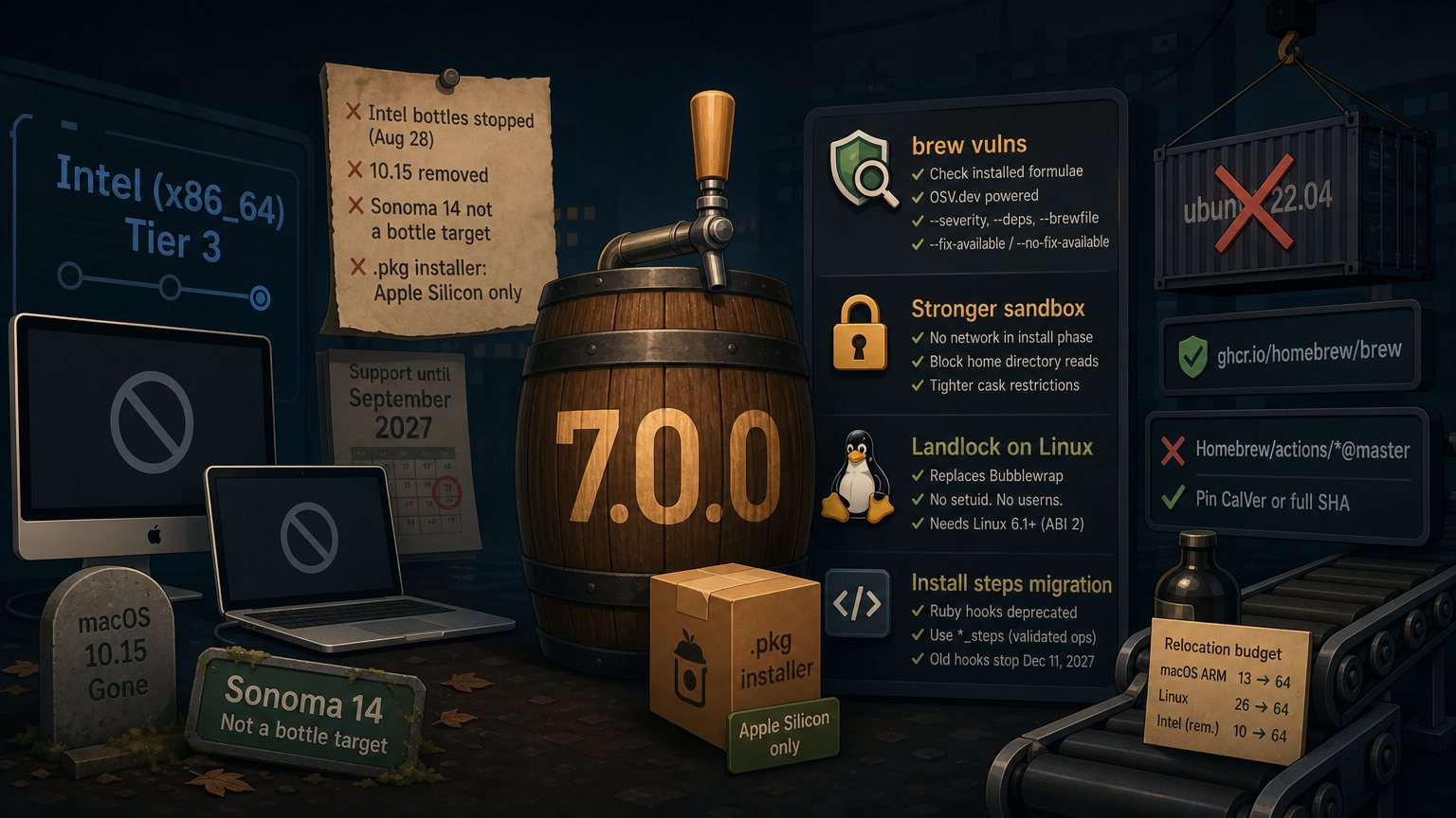 Homebrew 7.0.0 drops Intel Macs to Tier 3 and adds a vulnerability scanner