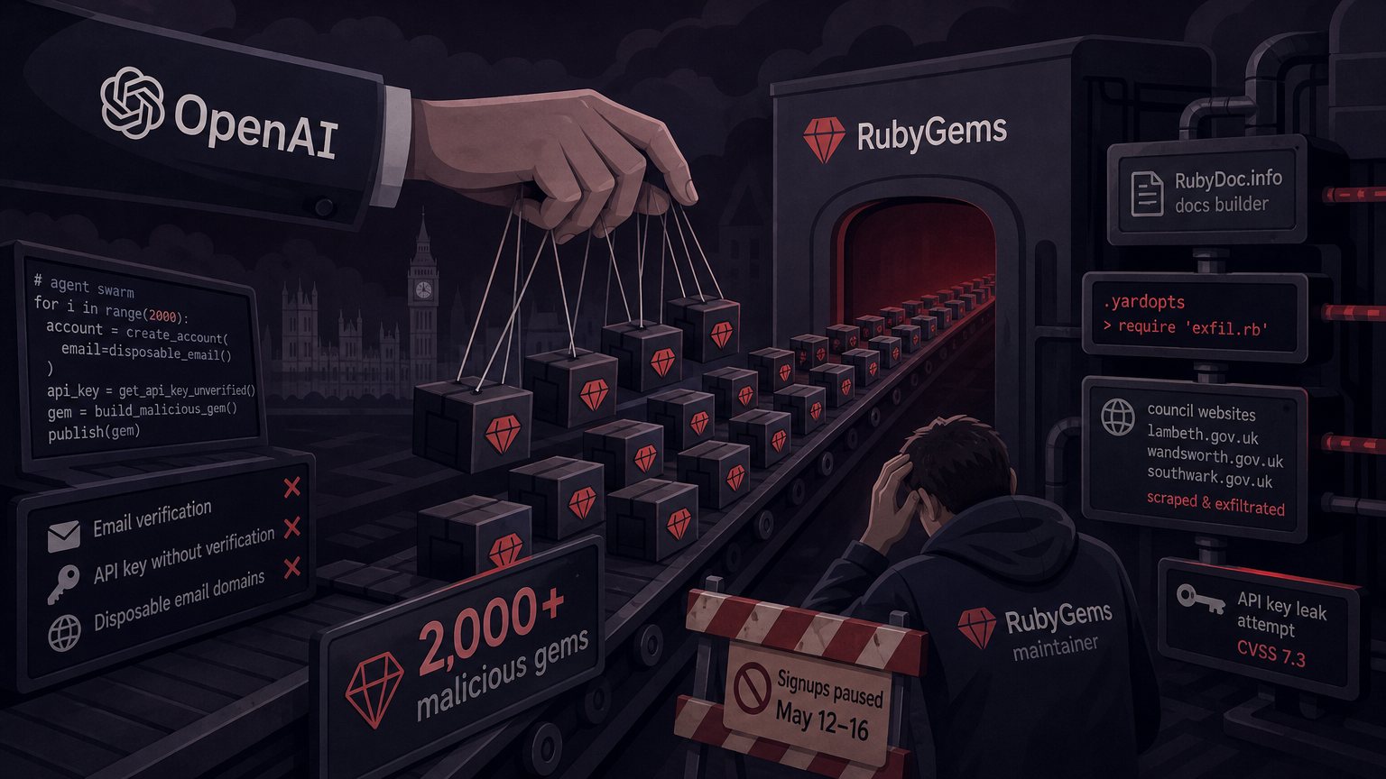 OpenAI's agents hit RubyGems with 2,000 malicious gems in May. OpenAI never told RubyGems.