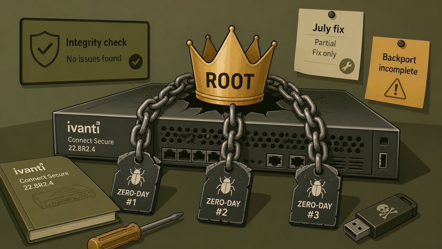 Three Ivanti zero-days got root on a fully patched VPN, and the integrity checker saw nothing